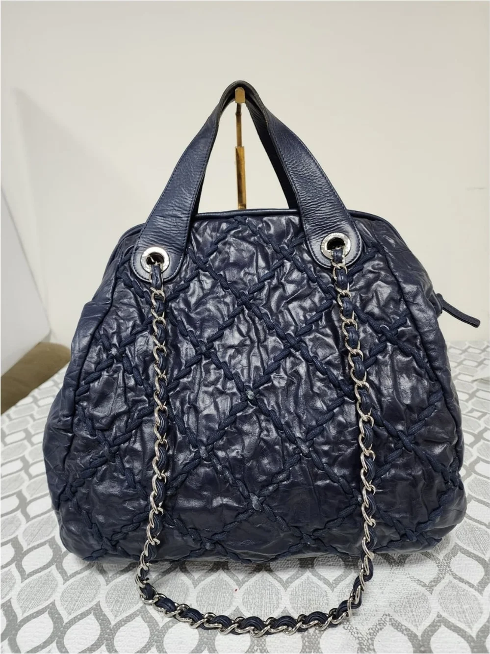 CHANEL Ultra Stitch Leather Bowling Bag Navy Blue